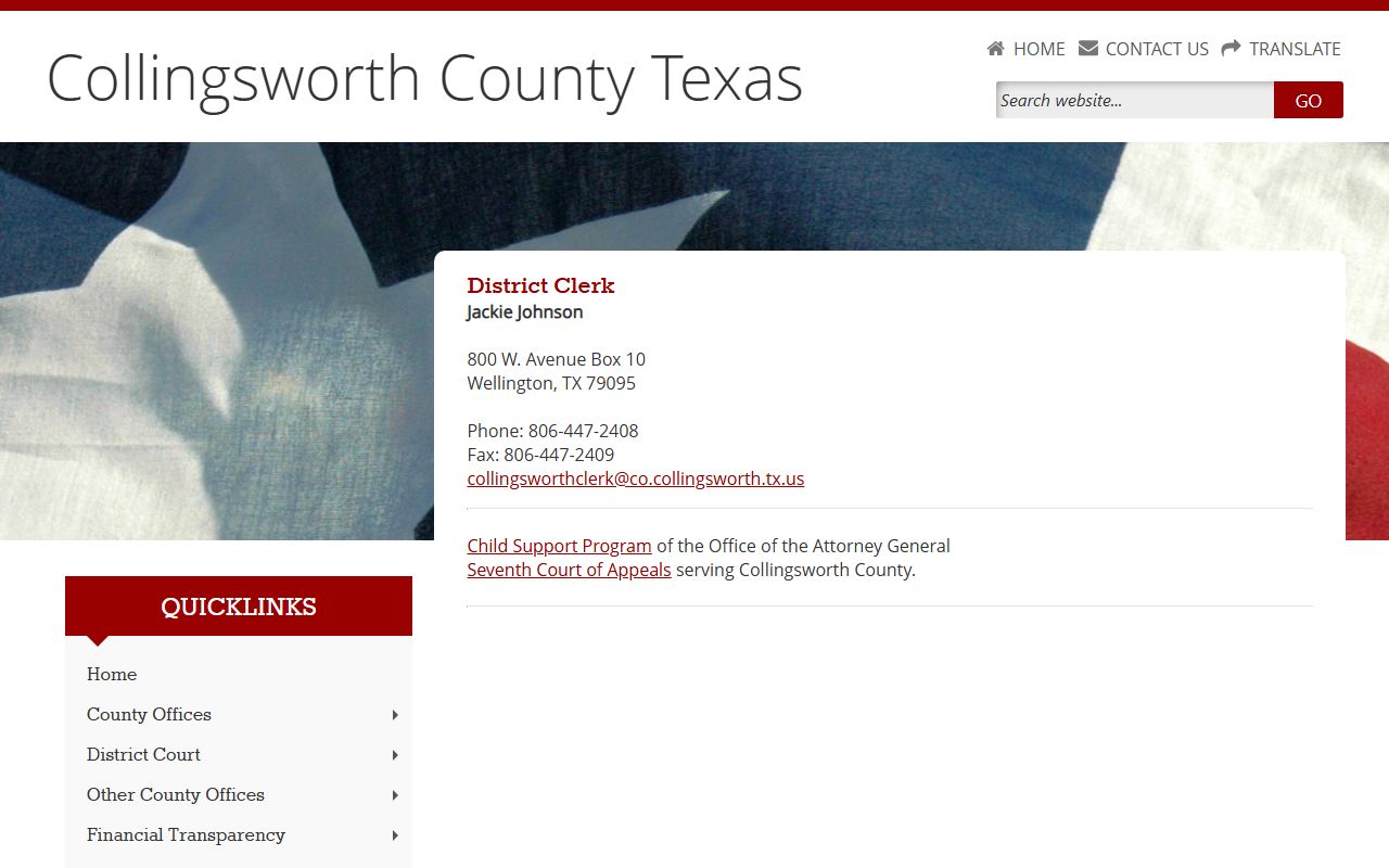 Collingsworth District Clerk page for court records after jail arrest