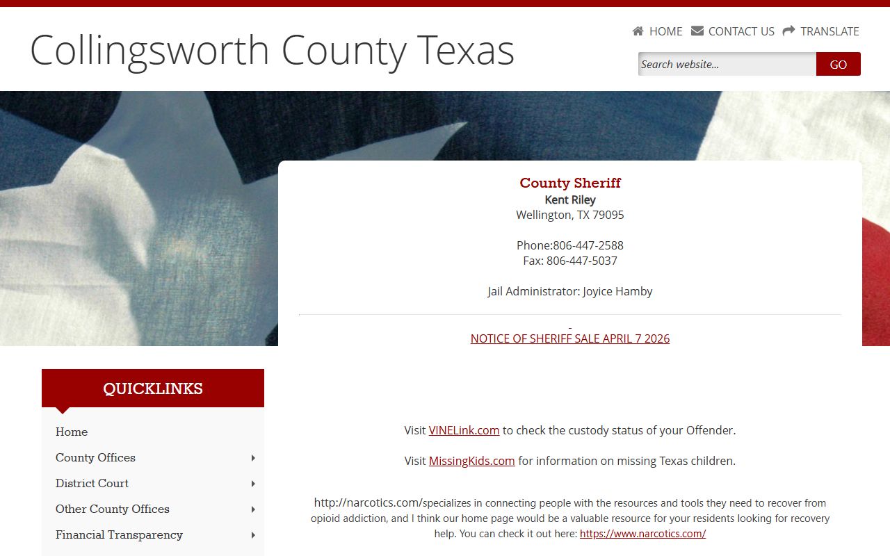 Collingsworth County Jail sheriff contact page